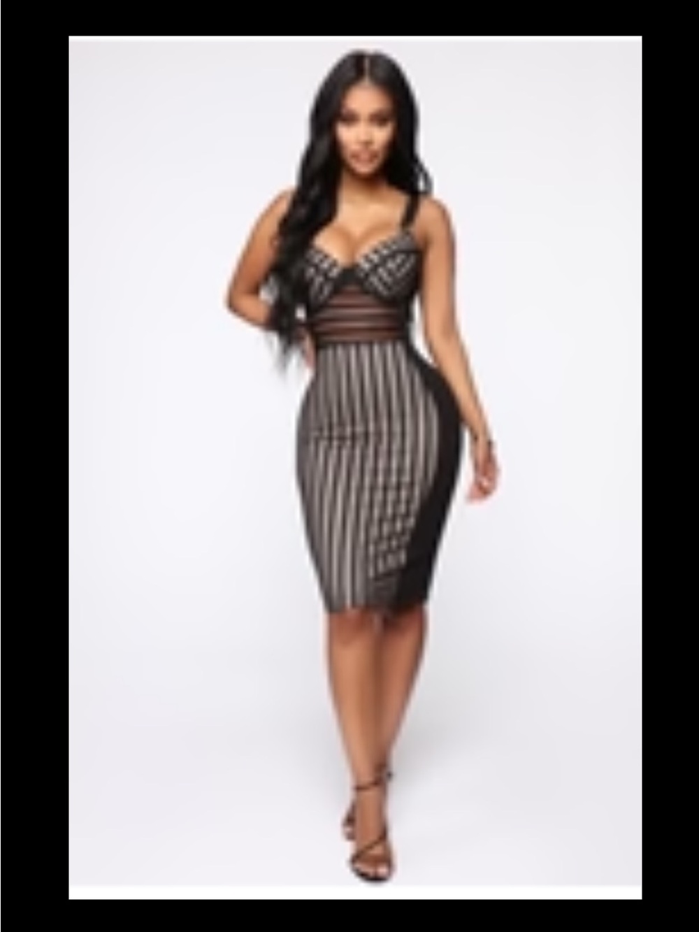 Fashion Nova Black and White Striped Midi Bodycon Dress
